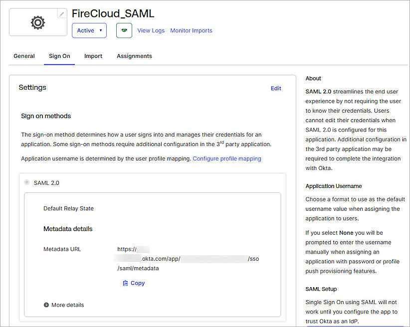 Screenshot of Okta, Sign On page of SAML application